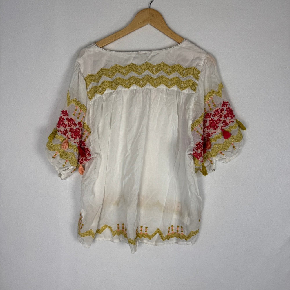Sundance Ellora Embroidered Cotton Tassel Peasant Top White XL Boho V-Neck - Picture 3 of 14